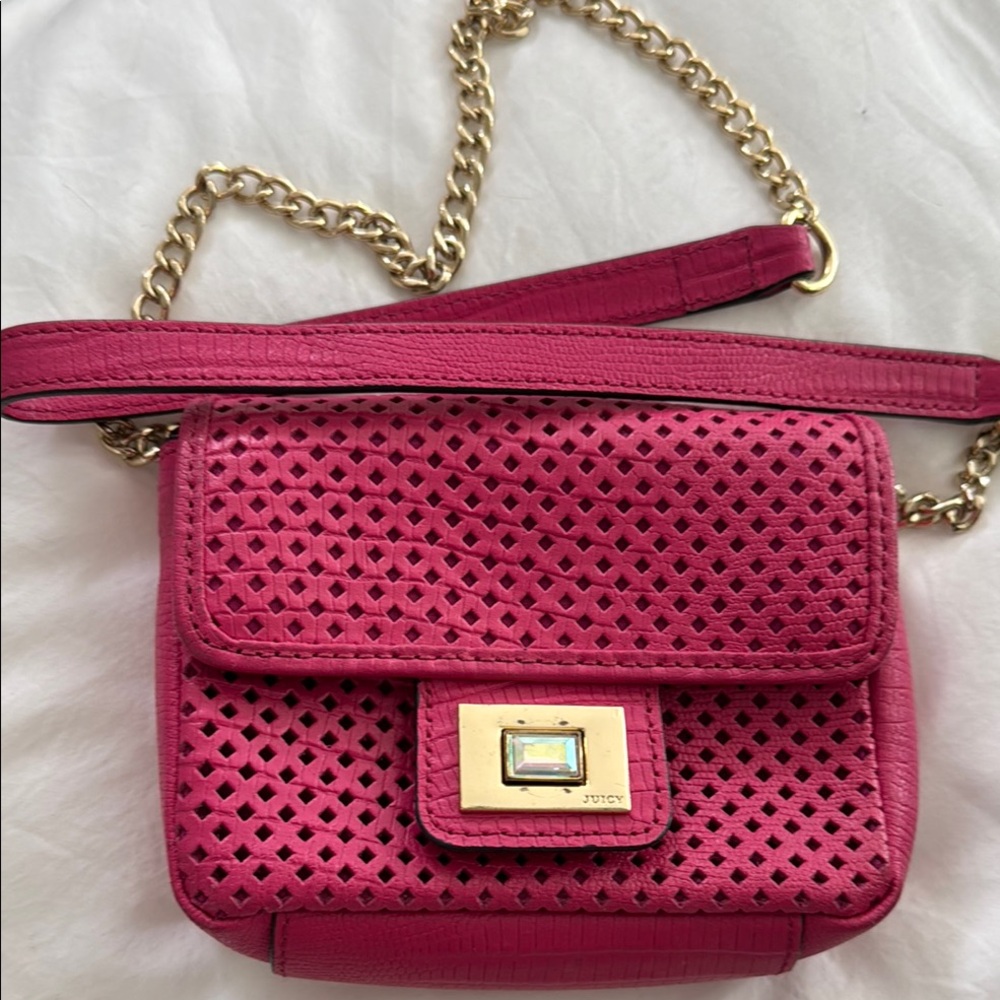 Juicy Couture Fuchsia Crossbody Bag with Perforated Design and Gold Chain